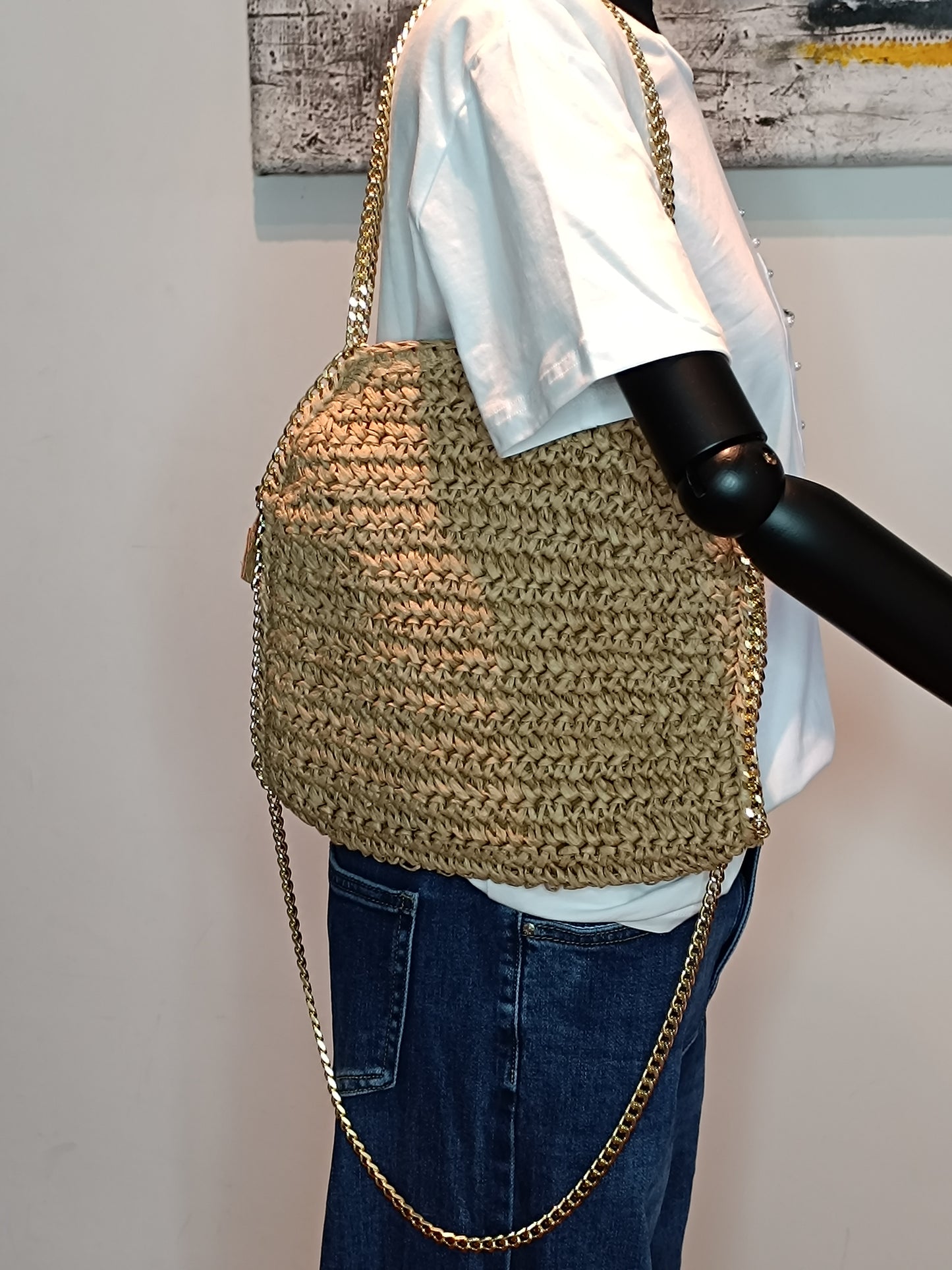 Borsa paglia con catena oro misura Media