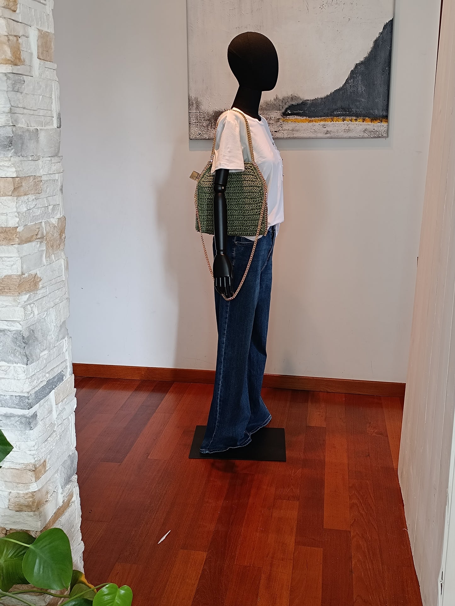 Borsa paglia con catena oro misura Media