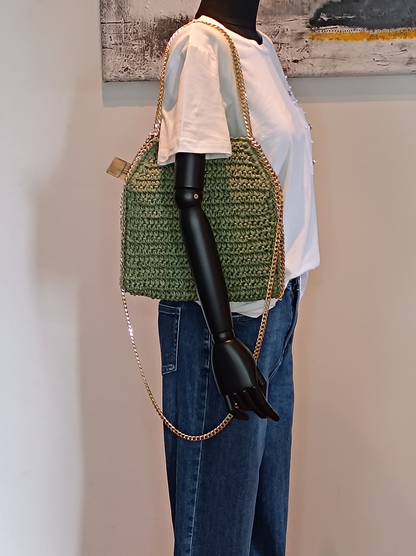 Borsa paglia con catena oro misura Media