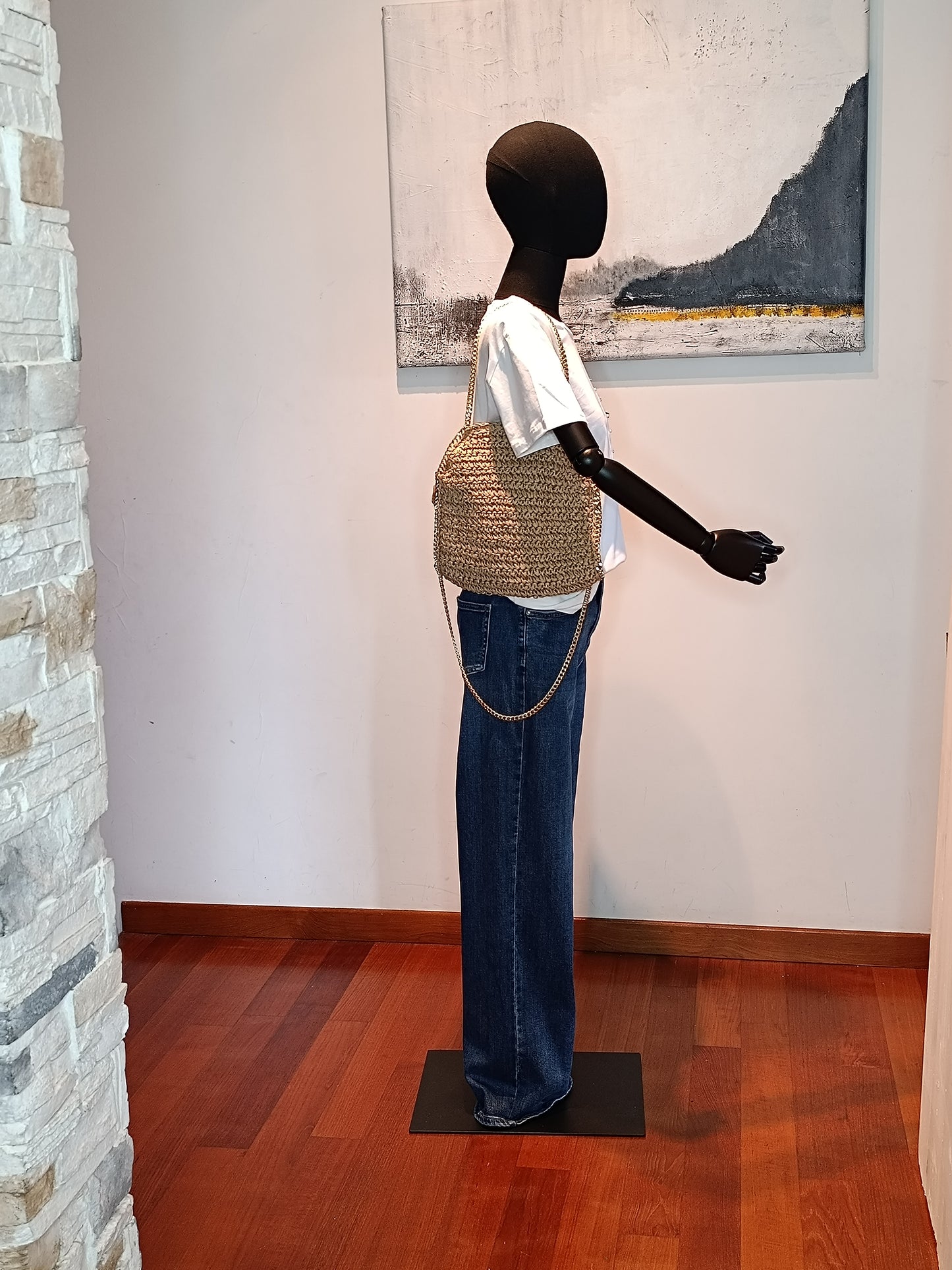 Borsa paglia con catena oro misura Media