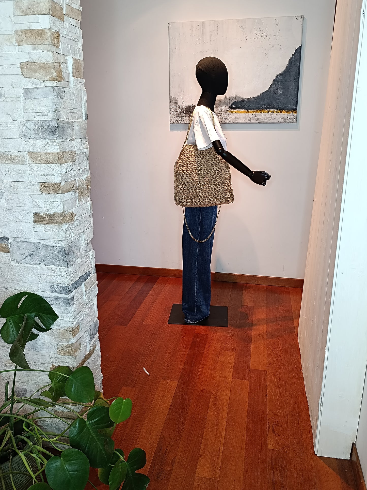 Borsa paglia con catena oro misura Grande