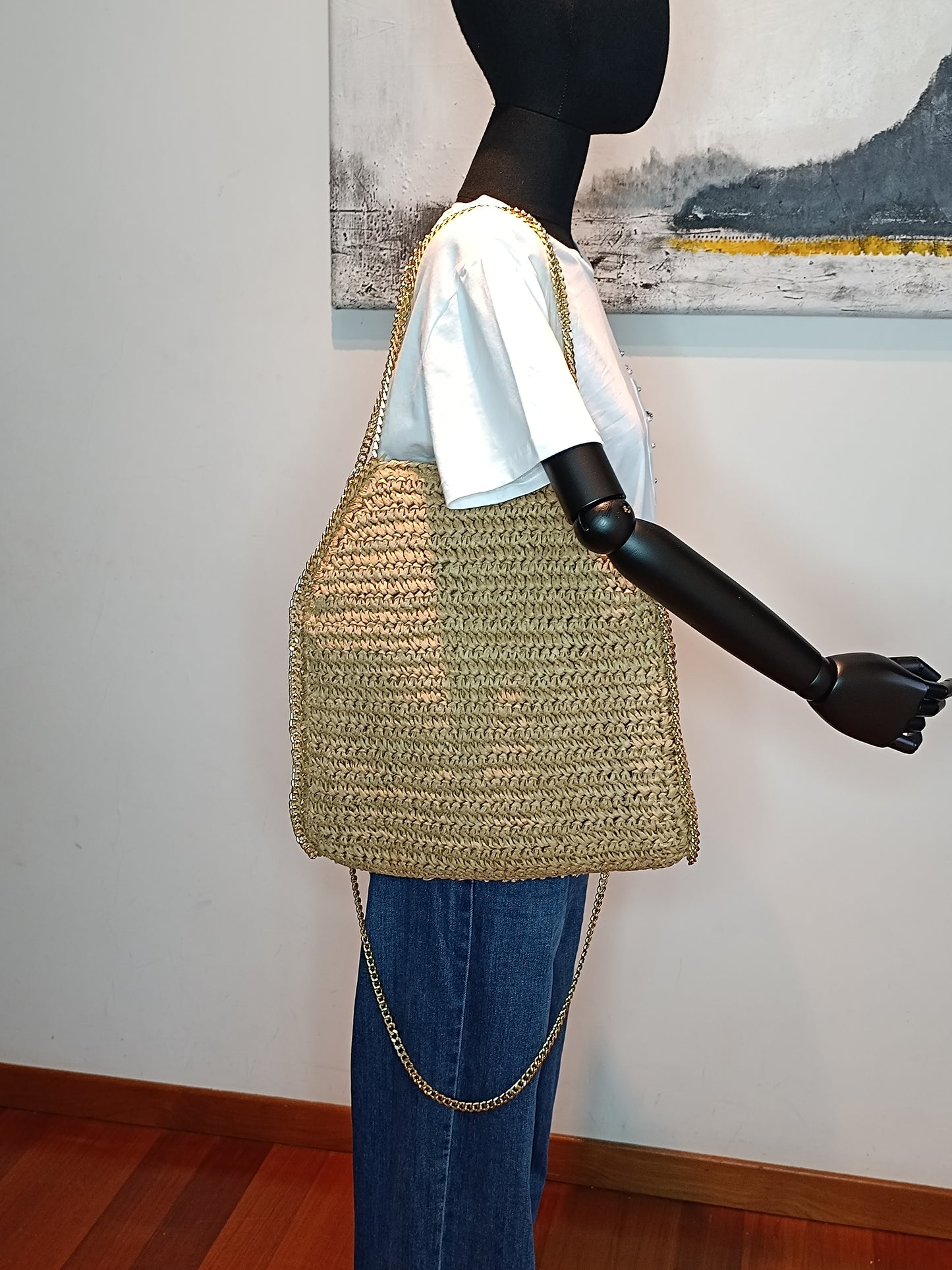 Borsa paglia con catena oro misura Grande